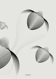 three abstract shapes on a gray background with white and black lines in the shape of circles