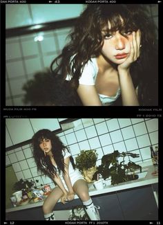 two pictures of a woman with long hair sitting on top of a counter next to a potted plant