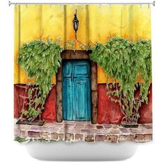 a shower curtain with an image of a blue door and green plants on the outside