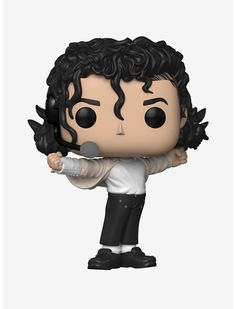 the rocky pop vinyl figure is shown in black and white with curly hair, holding a microphone