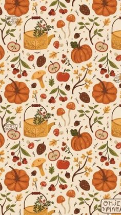 a white background with pumpkins, apples and other autumn items on it's surface