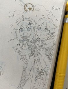 a pencil drawing of two anime characters next to a pen and paper with writing on it