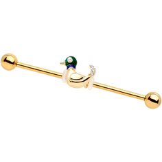 14 Gauge (1.6mm), 1 1/2" (38mm), Gold Tone PVD over 316L Surgical Grade Stainless Steel Straight Barbell, Moveable Charm, 5mm Ball Ends 14 Gauge Gold Tone Mighty Mallard Industrial Barbell 38mm This tough little guy would rather hang out on your ear than paddle in a pond. At 14 gauge and 1 1/2" in length, industrial barbell is made with a gold tone PVD over 316L surgical gauge stainless steel straight barbell to handle whatever life tosses your way. The handsome moveable duck charm is inlaid wit Industrial Ear Piercing, Industrial Piercing Jewelry, Jewelry Promotion, Barbell Piercing, Industrial Jewelry, Industrial Barbell, Industrial Piercing, Bogo Sale, Diy Wire Jewelry