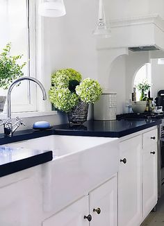 a kitchen with white cabinets and blue counter tops, along with potted plants on the sink