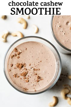 two glasses filled with chocolate cashew smoothie