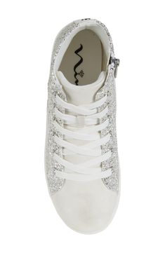 Sparkling glitter adds whimsical flair to these high-top sneakers outfitted with a side zipper for kid-approved finish. Side zip closure; lace-up style Synthetic upper/textile lining/synthetic sole Imported Spring High-top Sneakers With Zipper Closure, Lace-up Synthetic Sneakers With Glitter Print, Glitter Print Lace-up Synthetic Sneakers, Lace-up Sneakers With Glitter Print, Synthetic Lace-up Sneakers With Glitter Print, Glitter High-top Sneakers For Spring, Sporty Glitter High-top Sneakers With Round Toe, Spring Lace-up Sneakers With Glitter Print, Spring Glitter Print Lace-up Sneakers