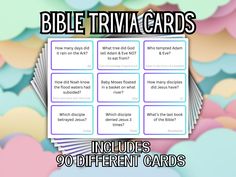 the bible trivia cards are stacked on top of each other in front of colorful clouds