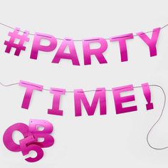 pink party time banner with the number three hanging from it's side, on a white background