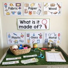 a green table topped with lots of different types of items and words on the wall