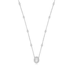 Ross-Simons - 1.44ct t. w. Moissanite Oval Pendant Necklace in Silver. 18". Treat yourself to a lovely necklace you can wear every day! On it, a glittery 1.00 carat oval moissanite is haloed in .44 ct. t. w. moissanite rounds that continue up the cable chain in eight sparkling stations. Set in polished sterling silver. Springring clasp, moissanite oval necklace. Diamond White Oval Necklace With Halo Design, Timeless Oval Diamond White Necklace, Dazzling Oval Necklace With Brilliant Cut, White Gold Oval Necklace With Halo, Oval White Gold Necklace With Halo, Dazzling Oval Brilliant Cut Necklace, White Gold Oval Halo Necklace, Oval White Gold Halo Necklace, Oval Halo White Gold Necklace