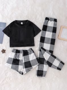 Black and White Casual Collar Short Sleeve  Gingham Pant Sets Embellished Slight Stretch  Tween Girls Clothing Checkered Pjs, Pjs Shein, Comfy Sleepwear, Shorts For Girls, Preppy Pajamas Set, Pj Ideas, Cute Pjs For Women, Cute Pajama Outfits