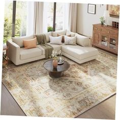 a living room filled with furniture and a large rug on top of a wooden floor