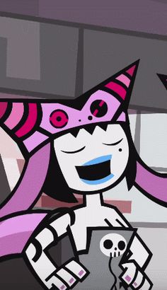 a cartoon character holding a cell phone in her hand and smiling at the camera with an evil look on her face