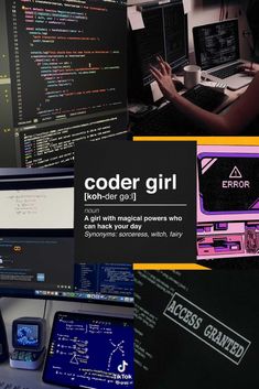 a collage of computer screens, laptops and other electronic devices with the words coder girl on them