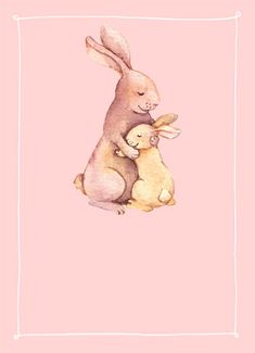 a watercolor painting of two rabbits hugging each other on a pink background with a white frame