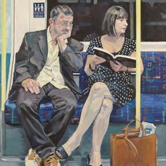 a painting of a man and woman sitting on a subway train reading a book together