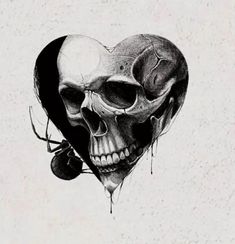 a drawing of a heart shaped skull with a spider crawling in it's mouth