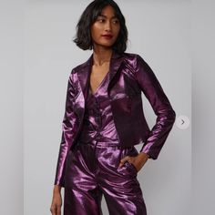 Ny&Co Metallic Suit Nwt Fitted Cropped Jacket With Notch Lapel For Fall, Fitted Blazer With Pockets For Night Out, Fall Party Blazer With Pockets, Spring Party Cropped Jacket With Notch Lapel, Tailored Cropped Jacket For Spring Parties, Chic Purple Party Outerwear, Chic Purple Blazer For Fall, Purple Outerwear For Spring Night Out, Metallic Suit