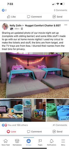 an instagramted photo of two blue couches with pink and green pillows on them