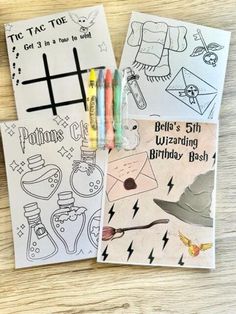 two coloring pages with markers and pens on them