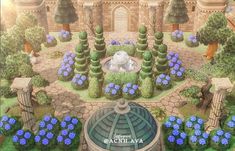 an artist's rendering of a garden with blue flowers in the foreground and a fountain surrounded by trees