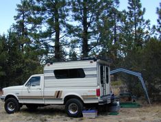 a white truck parked next to a forest filled with trees