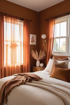 Rusty Red Bedroom, Rust Color Interior, Burnt Orange Rooms, Orange Room Decor, Burnt Orange Bedroom, Orange Accent Walls, 70s Bedroom, Bedroom Fall Decor, Boho Decor Ideas