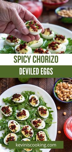 deviled eggs with spicy chorizo served on a bed of spinach and garnished with peanuts