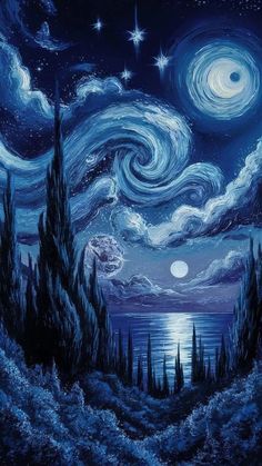 a painting of the night sky with stars and moon in it, as well as some trees