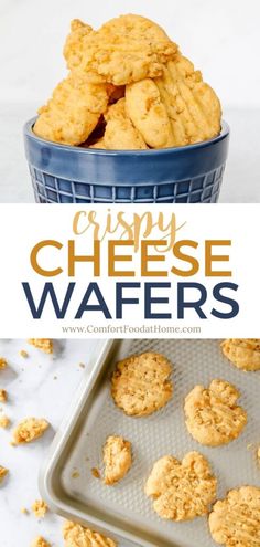 crispy cheese waffles on a baking sheet and in a blue bowl with text overlay