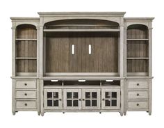 an entertainment center with drawers and cupboards in whitewash wood, against a white background