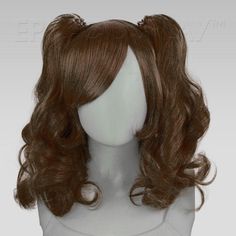 Rhea Medium Brown Pigtail Wig Set This Medium Brown pigtail wig set uses our 14" Chronos style as a base for two of our 20" clip-on ponytails to create a a fun and versatile pigtail style. The base wig is a short bob cut style that frames the face and can be worn independently, with only one clip, or with both clips. Each 20" ponytail comes with a large alligator claw clips at its base, making it easy to attach onto any portion of the base wig where there is wefting. Clip the ponytails of this M Brown Curly Ponytail, Brown Pigtails, Bob Cut Styles, Pigtail Wig, Short Bob Cut, Short Bob Cuts, Two Ponytails, Clip In Ponytail, Epic Cosplay