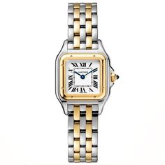 Stainless steel and 18K yellow gold Cartier Panthère small quartz watch featuring a silver Roman dial with a high polished bezel and case. The watch is attached to a stainless steel and 18K yellow gold bracelet. Visit our Indianapolis/Fashion Mall Commons store to view our entire Cartier collection.