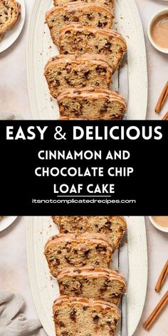 easy and delicious cinnamon and chocolate chip loaf cake with icing on a white plate