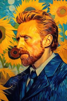 a painting of a man with sunflowers in the background