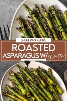 roasted asparagus on a white plate with a fork and knife next to it