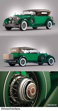 an old green car is shown in three different views