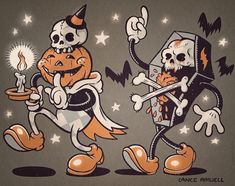 two cartoon characters dressed up as skeletons and pumpkins