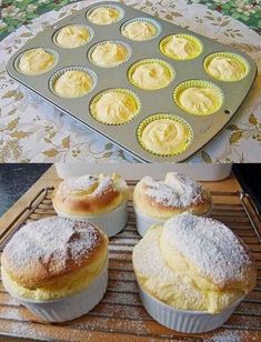 there are several cupcakes in the pan and one is covered with powdered sugar