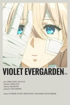 an anime poster with two blue eyes and the words violett evergardn on it