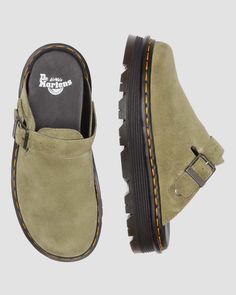 Zebzag Suede Casual Slingback Platform Mules in Muted Olive | Dr. Martens Shoes For Women Casual Everyday, Dr Martens Slingback, Fall Walking Shoes, Dr Martin Mules Outfit, Styling Platform Doc Martens, Fall Shoe Ideas, Doc Martin Mules, Dr Martens Clogs Outfit, Dr Martens Clogs