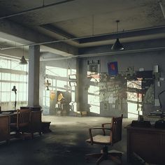 an empty office with lots of chairs and desks in the middle of the room