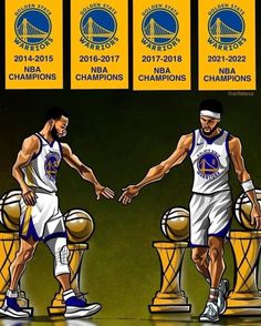 two basketball players shaking hands in front of the golden state warriors'official logo and trophies