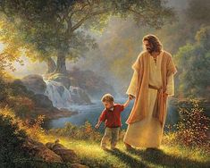 a painting of jesus holding the hand of a young boy in front of a waterfall