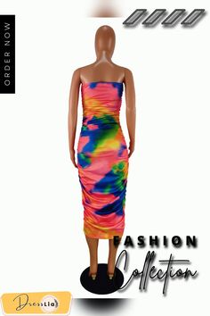 Tie Dye Print Strapless Bodycon Ruched Dresses Tie Dye Ruched Dress, Multicolor Bodycon Dress With Ruched Detail, Multicolor Ruched Mini Dress, Hand-dyed Tie-dye Dresses For Vacation, Fitted Tie-dye Maxi Dress, Tie Dye Print, Ruched Dress, Tie Dye, Dye