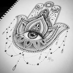 a drawing of an eye in the middle of a hamsah with drops of water