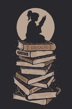 a stack of books with the silhouette of a girl reading on top of them, in front of a full moon