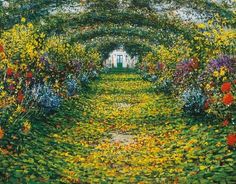 a painting of a garden with flowers on the ground and an archway in the middle