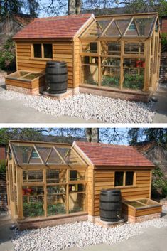 two pictures of a small wooden house made out of logs and glass windows with plants growing inside