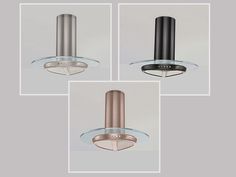 three different views of a ceiling light with glass and metal fixtures on the bottom, top, bottom, and bottom